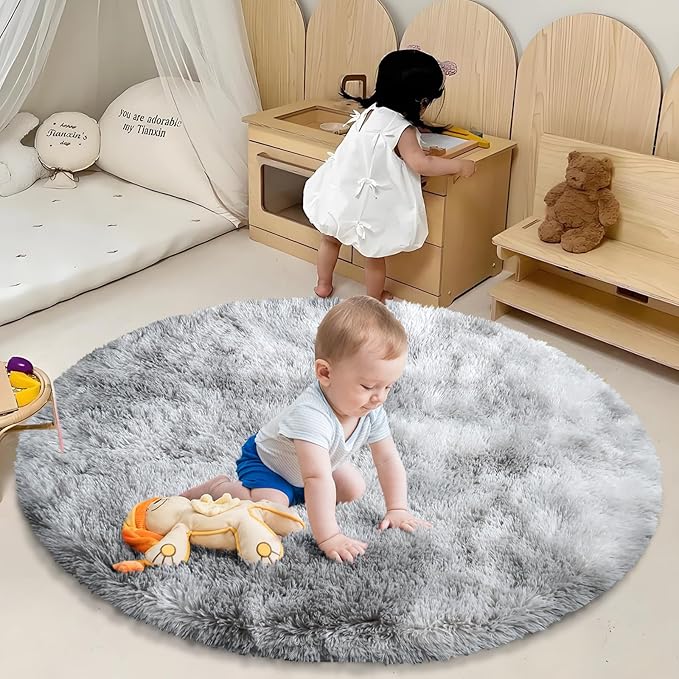 Tie-Dyed Fluffy Round Rug,Soft Area Rugs for Girls Room,Shaggy Rugs 3'X3' for Living Room,Non Slip Circle Rug for Kids Bedroom,Shag Plush Nursery Rug,Plush Carpet for Dorm,Furry Room Decor,Light Grey