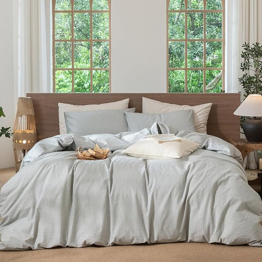 MooMee Striped Duvet Cover Set 100% Washed Cotton Linen Like Textured Breathable Durable Soft Comfy (Heathered Green Pinstripes, Super King 108"x98")