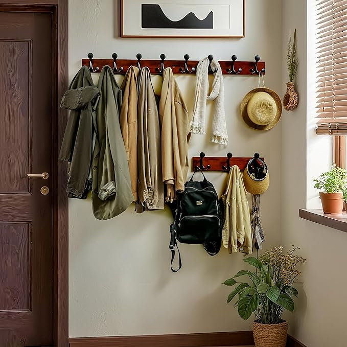 WEBI Coat Rack Wall Mount,24" Solid Wood Coat Hooks Wall Mounted Coat Hanger,16" Hole to Hole,Heavy Duty Hook Rack Rail,4 Triple Hooks for Hanging Coats,Jacket,Clothes,Hat,Backpack,Cherry