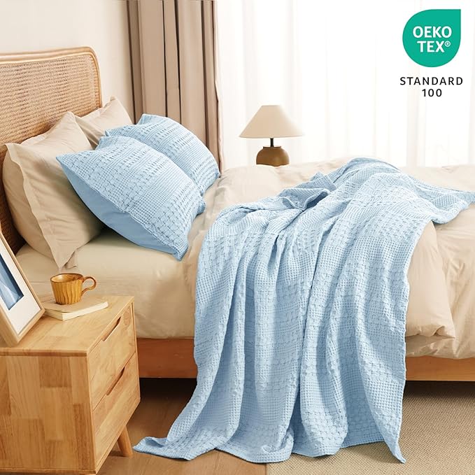 PHF 100% Cotton Waffle Weave Throw Blanket, Soft Lightweight Breathable Cozy Throws for Couch Bed Sofa, 300 GSM Luxury Aesthetic Blanket Gift for Home Decor & Office, 50"x60", Baby Blue