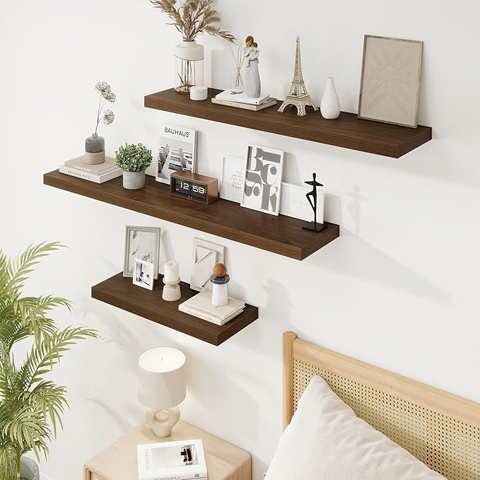 30in Floating Shelves for Wall, 30"W x 9.25"D x 1.25"H, 2 Pack Long Wall Mounted Engineered Wood Shelves with Invisible Brackets for Living Room, Bedroom, Bathroom, Kitchen Decor and Storage, Walnut