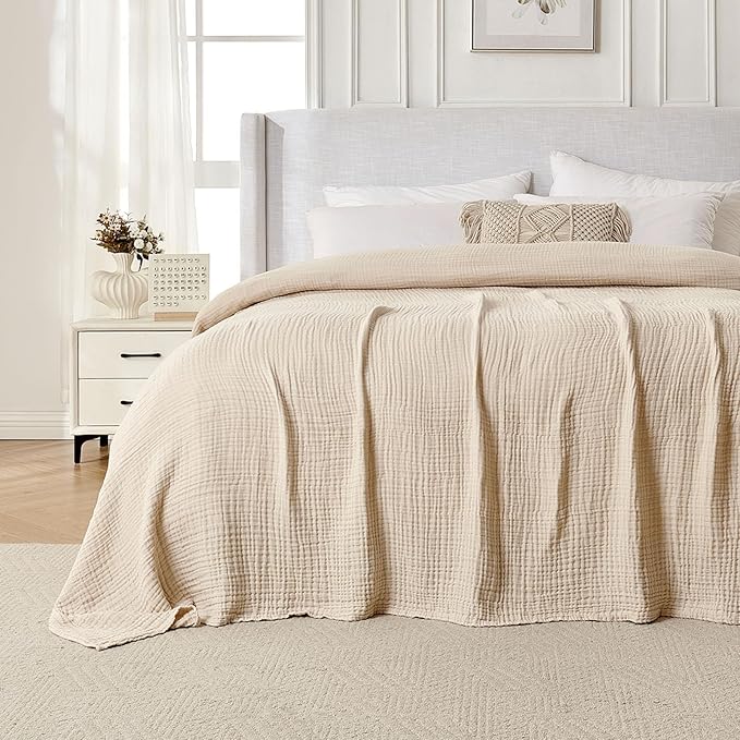 Joydeco 100% Cotton Muslin Throw Blanket for Couch Bed and Sofa, 4-Layer Lightweight and Breathable Soft Gauze Blanket for All Season, Luxury Throws Cotton Blanket Gift(Light Tan, 50"x70")
