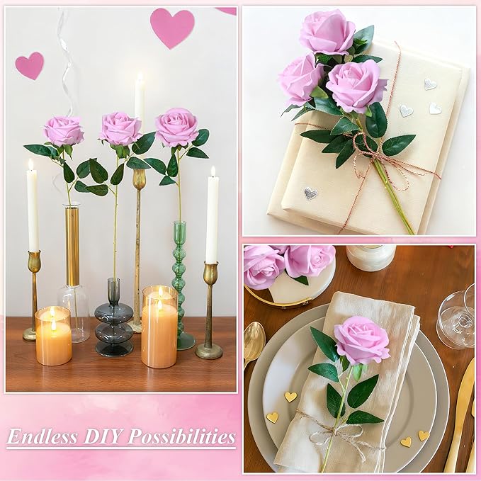 50 PCS Pink Roses Artificial Flowers, Fake Roses with Stem Realistic Silk Roses for DIY Wedding Bouquets Table Centerpieces Arrangements Baby Shower Birthday Home Decor Valentine's Day Gift for Her