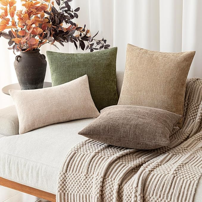 Foindtower Pack of 2 Soft Textured Chenille Throw Decorative Pillow Covers Square Accent Solid Cushion Cover Cozy Neutral Farmhouse Pillow Case for Couch Sofa Bedroom Living Room 26x26 Inch,Dark Green