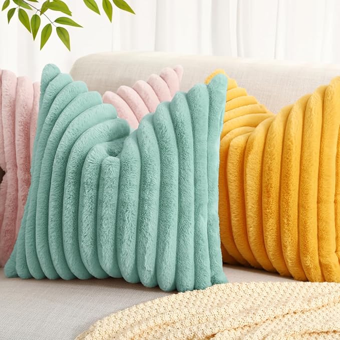 decorUhome Faux Fur Spring Throw Pillow Covers 26x26 Set of 2, Decorative Soft Plush Striped Neutral Couch Euro Sham Pillow Covers with Velvet Back for Sofa, Bed, Living Room Home, Aqua