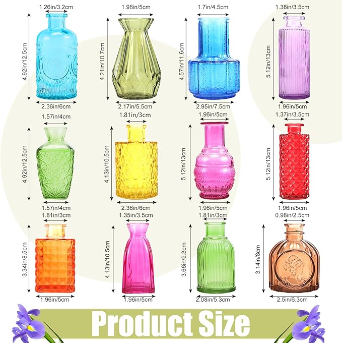 12 Pcs Color Bud Vases in Bulk,Colored Glass Bud Vases,Mini Vintage Flower Vase for Centerpieces,Vintage Small Vase for Flowers,Home Wedding PartiesTable Decoration