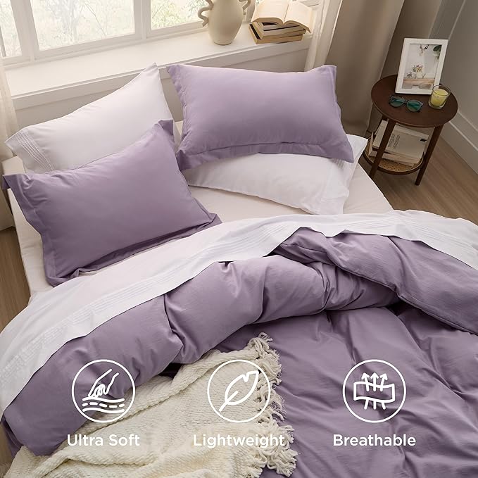 Bedsure Grayish Purple Duvet Cover Queen Size - 3 Pieces Prewashed Cotton-Like Extra Soft Bedding Set, Includes 1 Duvet Cover 90x90 Inches with Zipper Closure & 2 Pillow Shams, Comforter Not Included