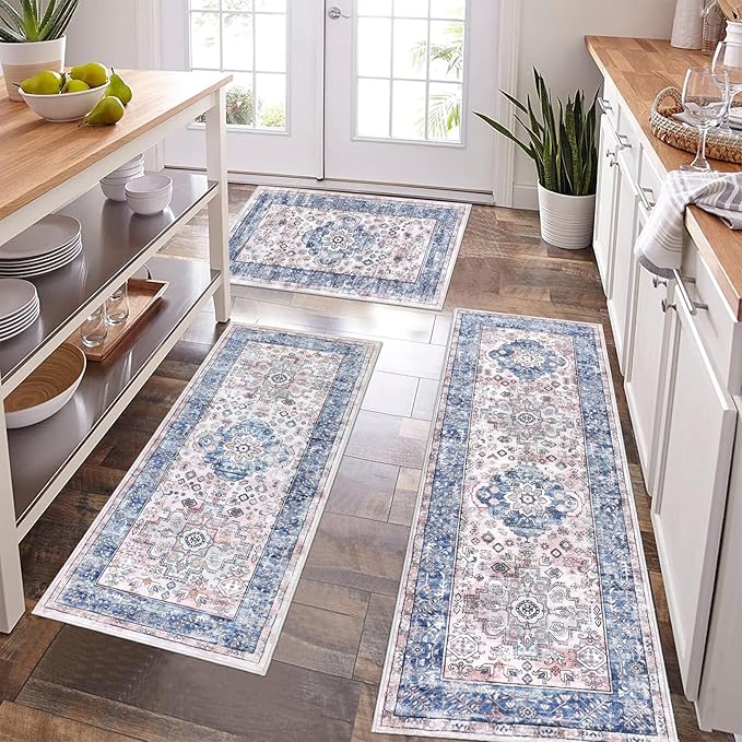 Pauwer Kitchen Rugs Sets of 3 Non Slip Washable Kitchen Mats for Floor Farmhouse Kitchen Floor Mat Runner Rug Boho Kitchen Sink Rug Carpet for Kitchen Hallway Laundry Room, Blue