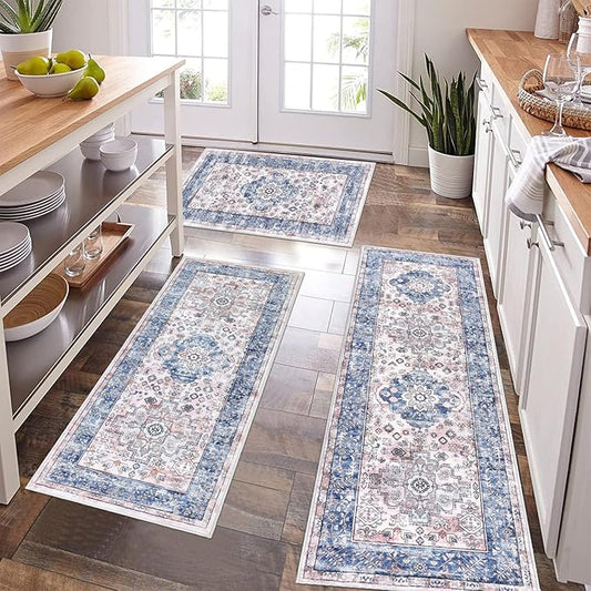 Pauwer Kitchen Rugs Sets of 3 Non Slip Washable Kitchen Mats for Floor Farmhouse Kitchen Floor Mat Runner Rug Boho Kitchen Sink Rug Carpet for Kitchen Hallway Laundry Room, Blue