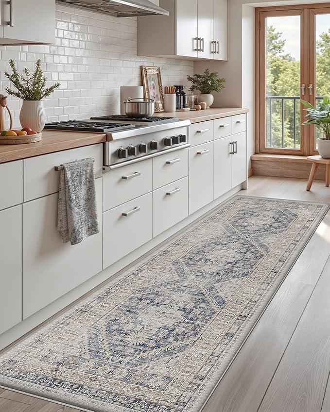 DEXI Kitchen Floor Mats Anti Fatigue, 23x86 Large Long Cushioned Vintage Runner Rug Waterproof, Standing Comfort Memory Foam Padded for Front Sink Laundry Office, White
