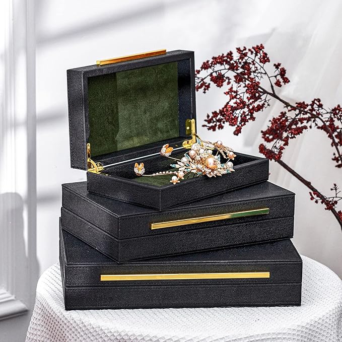 XINSTAR Faux Black Shagreen Leather Decorative Boxes,Decorative Storage Boxes With Lids 3 Pcs Set,Storage Boxes Jewelry Organizer,Women'S Accessory Organizer Men'S Jewelry Organizer