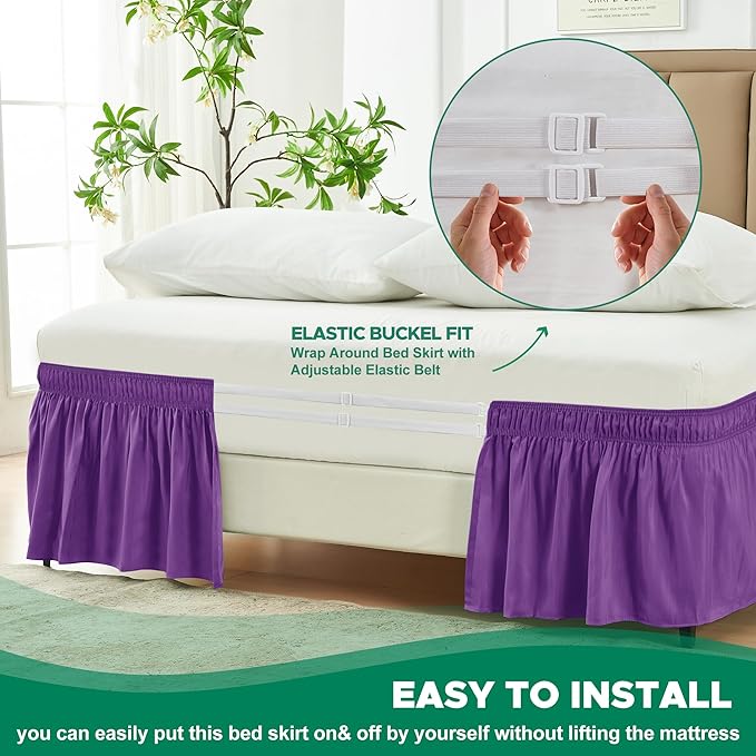 Biscaynebay Wrap Around Bed Skirts for King & Cal King Beds 15" Drop, Eggplant Adjustable Elastic Dust Ruffles Easy Fit Wrinkle & Fade Resistant Silky Luxurious Fabric Machine Washable
