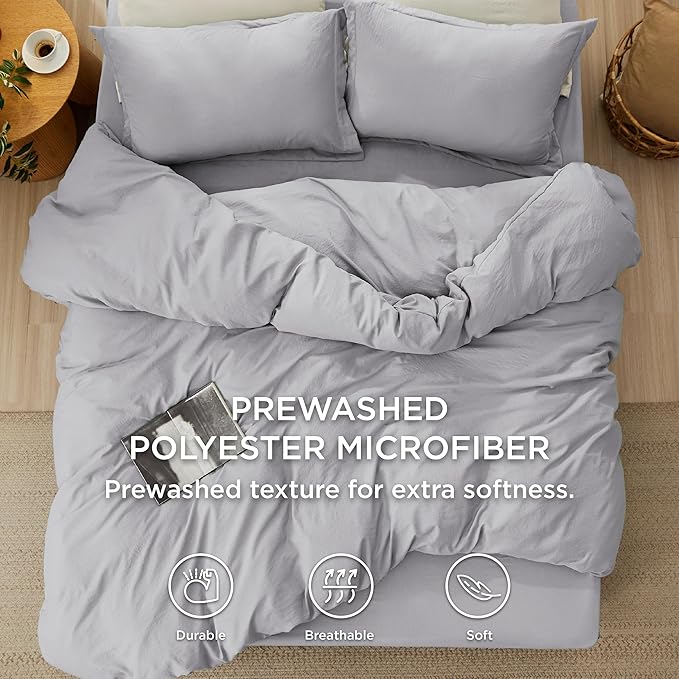 Bedsure Duvet Cover King Size with Fitted Sheet - 4 Pieces Prewashed Cotton-Like Extra Soft Bedding Set, Includes 1 Duvet Cover 104x90 Inches, 2 Pillow Shams, 1 Fitted Sheet, Light Grey