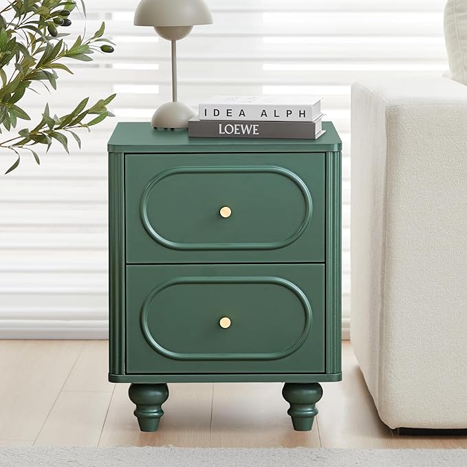 2 Drawer Fluted Nightstand, Mid Century Modern Farmhouse Night Stand Small End Table Bedside Table for Bedroom, Green