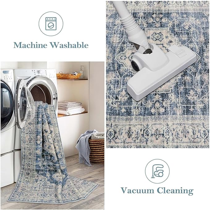 Lahome Oriental Small Area Rug, 2x4 Washable Entryway Rug Non-Slip Ultra-Thin Indoor Door Mat Distressed Throw Carpet for Kitchen Bedroom, Blue