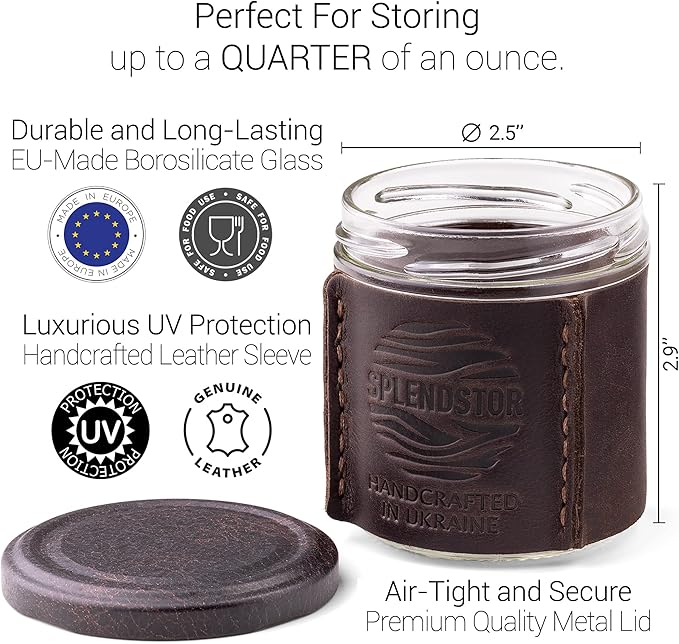 Large Kit - Wooden Storage Box with Decorative Tray & Pack of 3 UV Blocking and Airtight Glass Jars for Herbs/Accessories - Unique Portable Men Gift Set