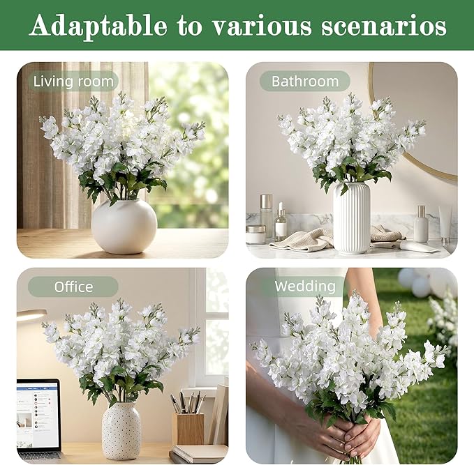Fake Flowers 23.6” Delphinium Artificial Flowers 8Pcs Silk Flowers with Stems Long Stem Artificial Flowers for Tall Vase Faux Flowers for Indoor Home Decoration Wedding Decoration Centerpiece White