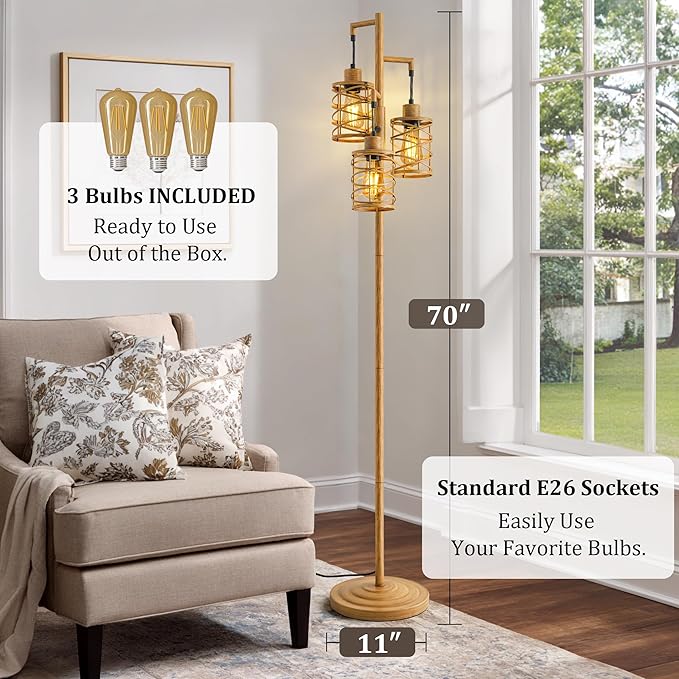 BOBOMOMO 70" Farmhouse Dimmable Floor Lamp, Light Wood Grain Industrial Metal Cage Standing Lamp with 3 LED Bulbs, Stepless Dimming Tall Tree Lamp for Living Room, Bedroom, Studio, Corner