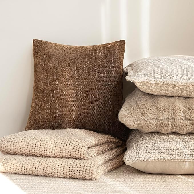 Foindtower Set of 2 Soft Textured Chenille Throw Decorative Pillow Covers Square Accent Solid Cushion Cover Cozy Neutral Farmhouse Pillow Case for Couch Sofa Bedroom Living Room 20x20 Inch,Dark Bronze