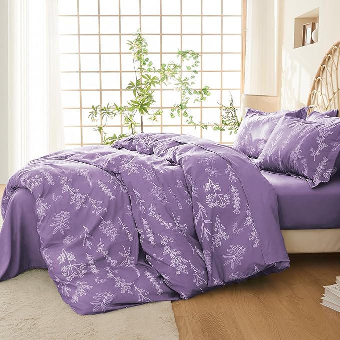 MUXHOMO Duvet Cover Queen Size, Reversible Floral Grayish Purple Duvet Cover Set with Zipper Closure, 3 Pieces Botanical Patterns Soft Microfiber Bedding Set with 4 Ties (90"x90", 2 Pillow Cases)