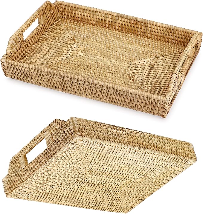 Hipiwe Rattan Serving Tray with Handles Hand-Woven Decorative Tray for Storage Breakfast, Drinks, Snack,Rectangular Basket Organizer Tray for Coffee Table, Home Decor (Large)