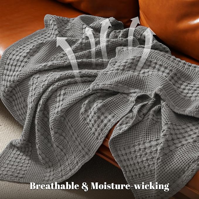 PHF 100% Cotton Waffle Weave Blanket Queen Size for Bed, Soft Lightweight & Breathable, All-Season Comfort, 300 GSM Luxury Aesthetic Blanket for Home Decor, 90"x90", Dark Grey