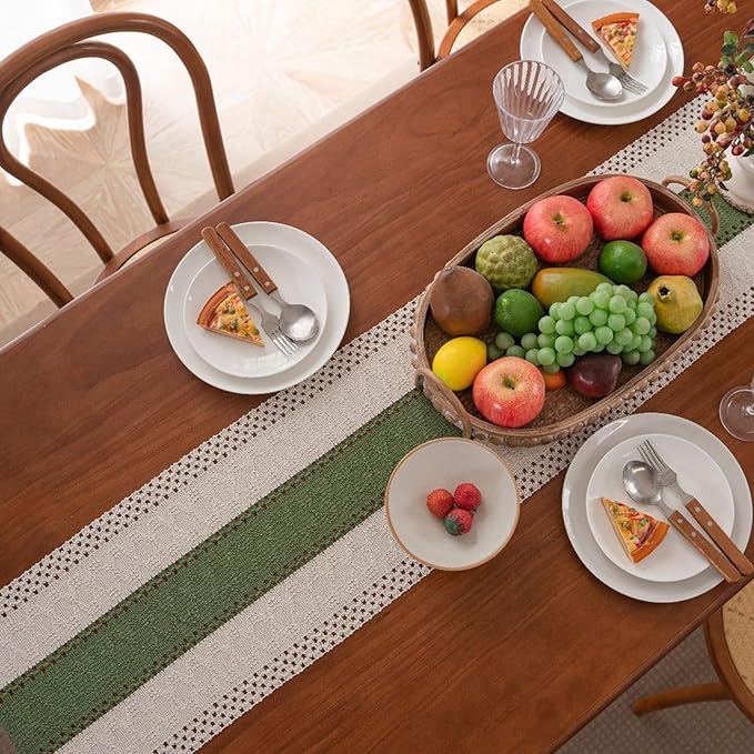 Niviy St Patricks Day Decorations Dark Green Table Runner 72 Inches Long with Tassels, Seasonal Spring Summer Washable Embroidered Striped Braided Boho Table Runners for Holiday Party 12 x 72 Inches