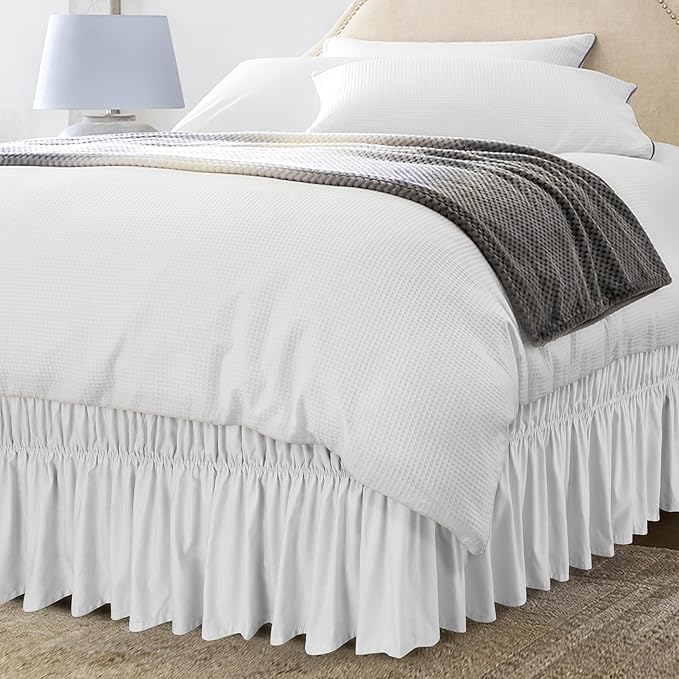Utopia Bedding King Elastic Bed Ruffle - Easy Wrap Around Ruffle - Microfiber Bed Skirt with Adjustable Elastic Belt 16 Inch Tailored Drop - Hotel Quality Bedskirt, Fade Resistant (King, White)