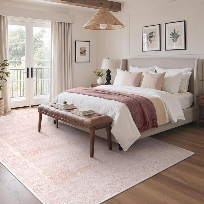 GENIMO 6x9 Area Rugs for Living Room,Machine Washable Non-Slip Vintage Rug, Low Pile Lightweight Carpet for Bedroom, Dining Room, Home Office, Stain & Fade Resistant,Pink