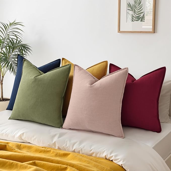 decorUhome Spring Decorative Linen Throw Pillow Covers 20x20 Inch Set of 2 Pink Pillow Covers with Flange Edges Soft Farmhouse Boho Accent Pillow Cases for Couch Bed Living Room Valentines