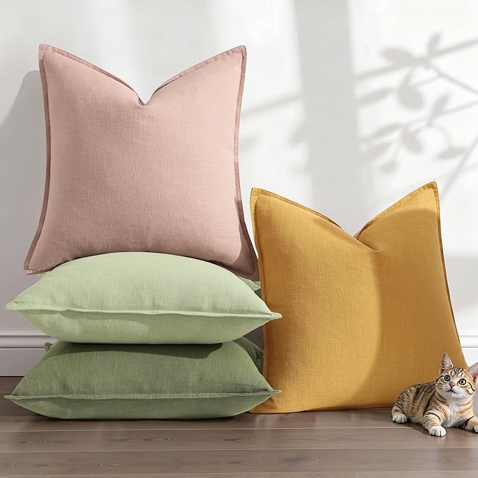 decorUhome Spring Decorative Linen Throw Pillow Covers 20x20 Inch Set of 2 Pink Pillow Covers with Flange Edges Soft Farmhouse Boho Accent Pillow Cases for Couch Bed Living Room Valentines