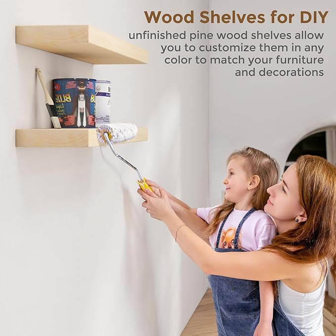 Marsmiles 36 Inch Floating Shelves | Unfinished Natural Wood Floating Shelves Set of 2 | 36" W x 7.7" D x 1.6" H Natural Wooden Wall Shelves for Living Room Bathroom Kitchen