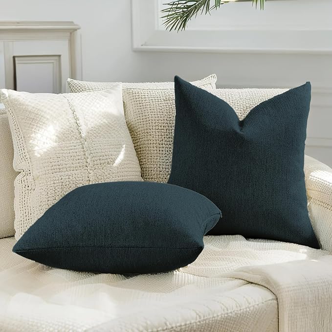 HAUSSY Navy Blue Throw Pillow Covers 12x20 Inch Set of 2,Boho Decorative Faux Linen Lumber Throw Pillows Cozy Farmhouse Accent Cushion Covers,Home Decor for Couch Sofa Bed Living Room