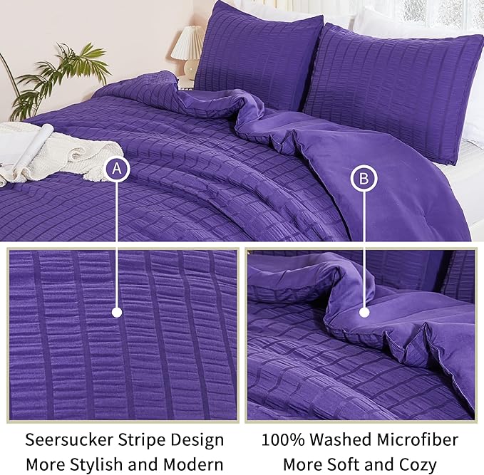 AveLom Dark Purple Seersucker Full Comforter Set (80x90 inches), 3 Pieces-Soft Washed Microfiber Lightweight Comforter with 2 Pillowcases, All Season Down Alternative Comforter Set for Bedding
