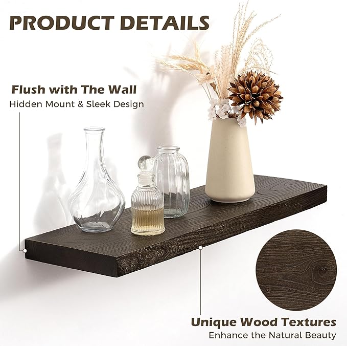 24 Inch Floating Shelves for Wall, 8"D High End Solid Hardwood Shelves for Decor Storage, Rustic Wall Shelves with Invisible Heavy Duty Brackets for Living Room, Kitchen, Bathroom, Walnut, 2 Pack