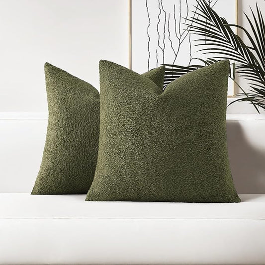 HAUSSY Set of 2 20x20 Decorative Throw Pillow Covers, Soft Cozy Textured Boucle Couch Cases, Home Decor for Couch Bed Living Room, Moss Green