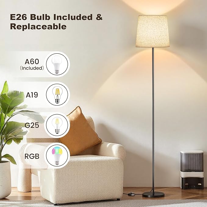 SIBRILLE Floor Lamp with Linen Shade - 62" Dimmable LED Standing Lamp with Remote Control, 9W E26 Bulb Included, 3000-6000K, Modern Floor Reading Light for Bedroom Living Room Office Corner, Black
