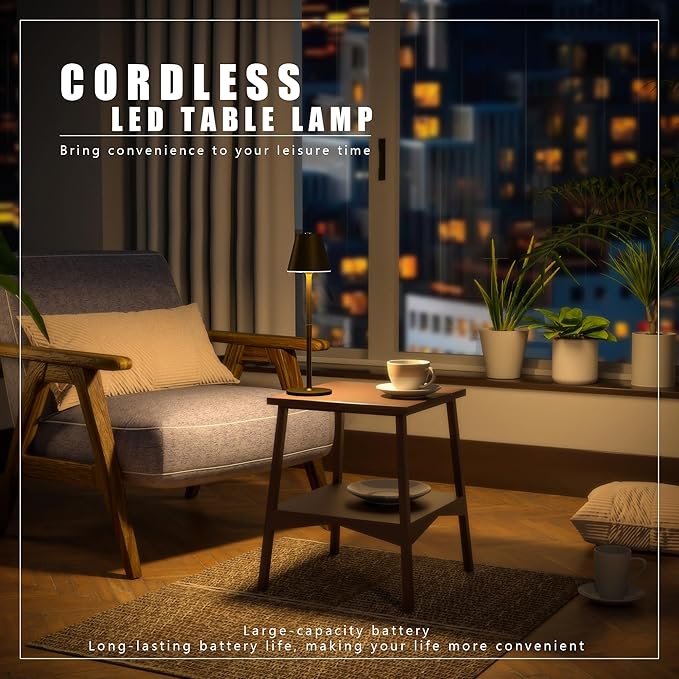 4-Pack Cordless Table Lamps - 5000mAh Rechargeable Battery Operated Desk Lamp, 3-Level Dimmable LED Night Light for Bedroom, Dining, Restaurant - Metal Design (Bronze 4PACK)