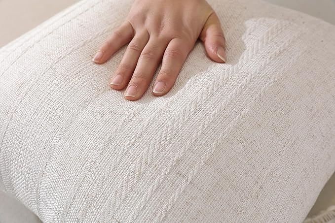 QDTTSRY Natural Linen Throw Pillow Covers Set of 2-22x22 Inch Rustic Striped Farmhouse Decor Pillowcase, Breathable & Soft Neutral Beige Linen Cushion Covers for Couch Sofa Bedroom Living Room