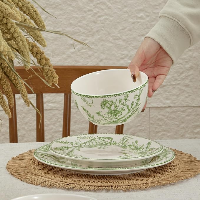 Bico Green Garden Toile De Jouy Cereal Bowls Set of 4, 26 oz Deep Ceramic Soup Bowls for Cereal, Salad, Noodles, Kitchen, Microwave and Dishwasher Safe, Gift for Housewarming and Thanksgiving