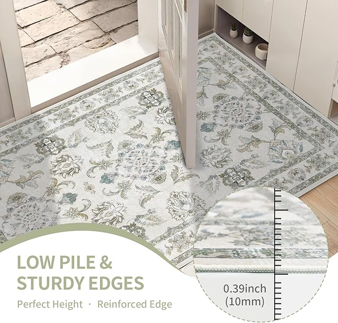 Dotiiorug 8x10 Washable Area Rugs Beige and Sage Green Vintage Boho Floral Farmhouse Rug for Living Room Bedroom, Non Slip Low Pile Carpet