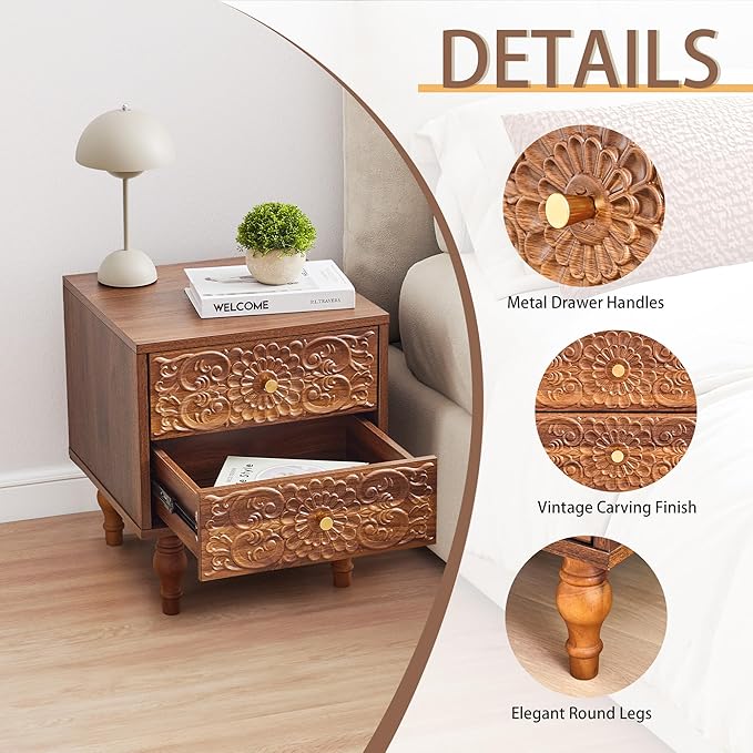 Nightstand, Farmhouse Bedside Table with 2 Drawers and Metal Handles, Wood Sofa Side Table End Table Accent Dresser for Bedroom, Living Room (Walnut) (15.75 x 16.02 x 18.15 Inch)