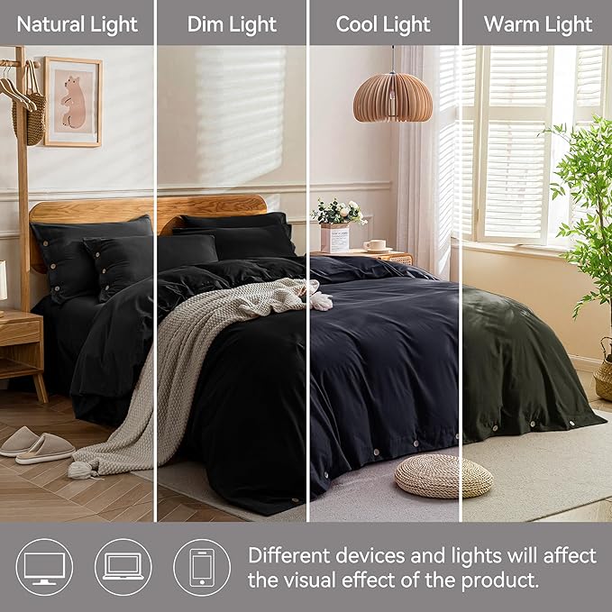 JELLYMONI Cotton Duvet Cover King Size - Pure Black Comforter Cover with Button 100% Washed Cotton 3PCS Breathable Soft Solid Bedding Set Duvet Cover 104×90in & 2 Pillowcases (NO Comforter)