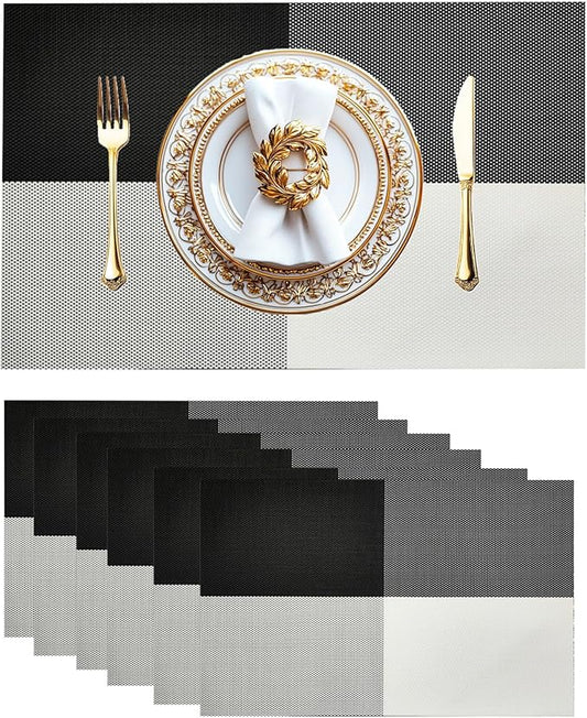 Placemats Set of 6 Vinyl Washable Placemats, 18"x12" Wipeable Heat-Resistant Non-Slip Easy Clean Table Mats Ideal for Dining Table Table Runner and Outdoor (6, Black White Square)