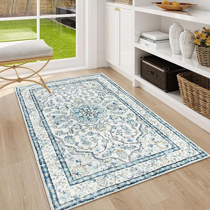 Lahome Oriental Blue Rug,Washable 3x5 Entryway Rugs Non-Slip with Rubber Backing,Soft Boho Front Door Carpet Indoor Entrance,Traditional Vintage Thin Throw Mats for Bathroom Bedroom Kitchen,(3x5ft)