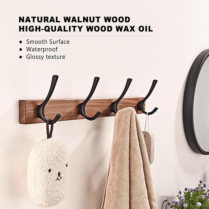 17.3" Small Walnut Wood Coat Rack Wall Mount with 4 Hooks, Heavy Duty Wooden Jacket Hanger Door Mounted for Decorative Entryway and Bathroom Hanging Towel Backpack Purse Clothes Hat Key Black