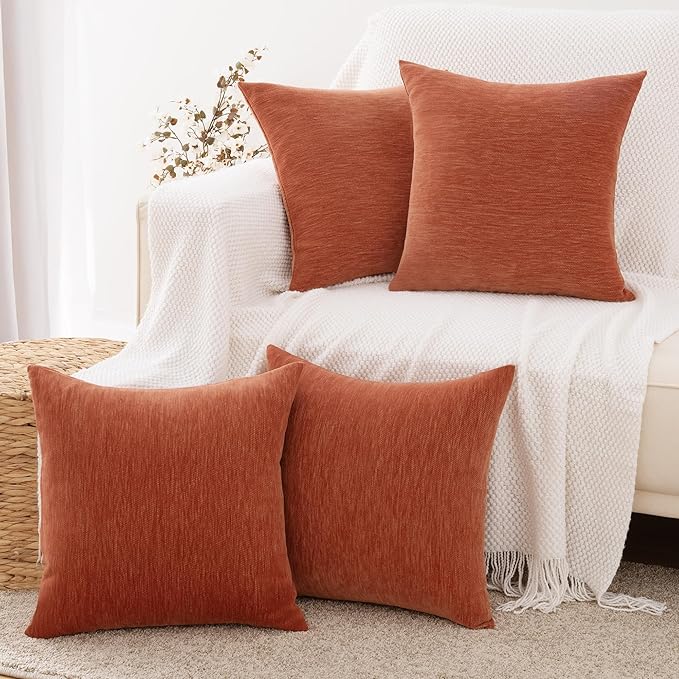 Set of 4 Rust Red Throw Pillow Covers 18x18 Inch, Neutral Boho Farmhouse Aesthetic Decorative Pillow Cases for Couch, Sofa, Living Room & Bed, Soft Chenille Pillow Cases, Stylish Home Decor, 45x45 cm