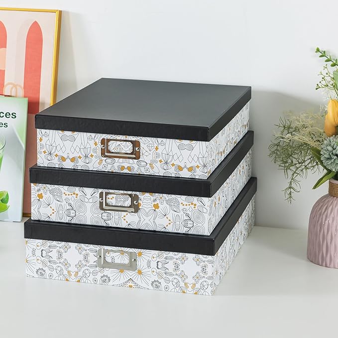 SLPR Decorative Cardboard Storage Boxes With Lids for Home Décor, Set of 3 Pretty Black and Gold Photo Storage, Memory Boxes For Keepsakes, Documents, Letter Papers, Organizing
