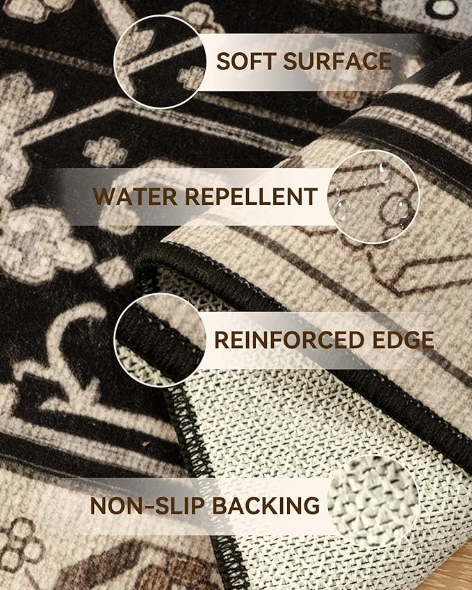 RELEANY Area Rugs 6'x9' Washable Non-Slip, Floral Vintage Distress Print Pattern Medallion Carpet for Living Room Bedroom Dining Room, Black Brown Neutral Dark Tan