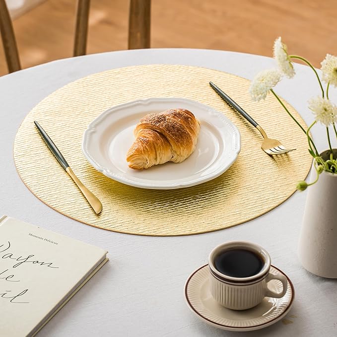 Jovono 15" Faux Leather Big Round Placemats Set of 6 - Washable Heat Resistant Non-Slip Dining Table Mats with Fabric Texture for Kitchen Home Party Wedding Decor, Gold